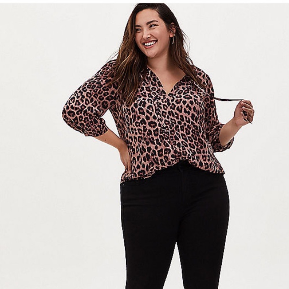 Leopard Georgette Tie Neck Peasant Blouse